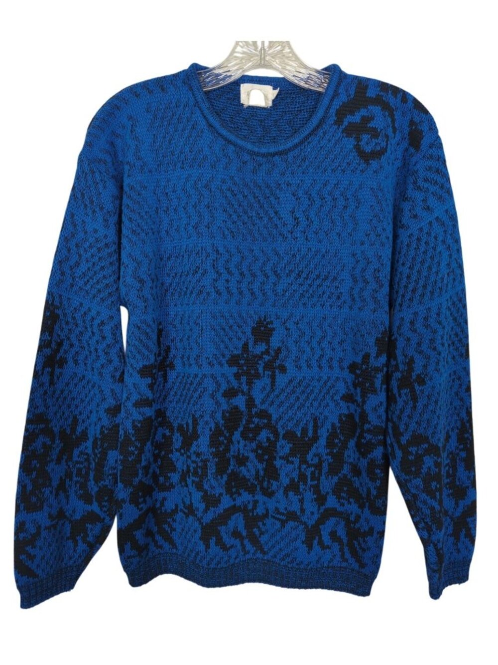 Vintage Tan F Jay Sweater Women M Blue Black Abstract Floral 80s Raglan Knit
